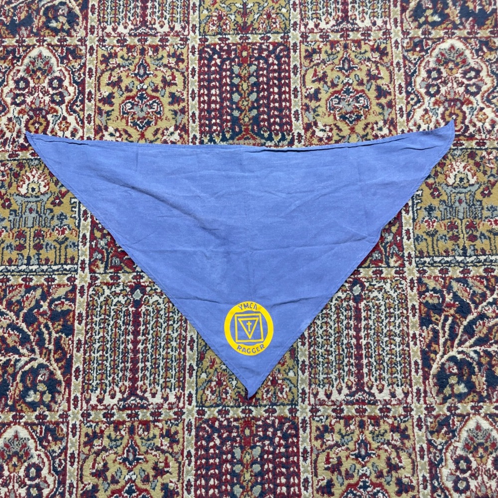 VTG 60s YMCA Ragger Bandana Scarf Neck‎ Gaiter Blue Yellow Logo Neckwear Mens